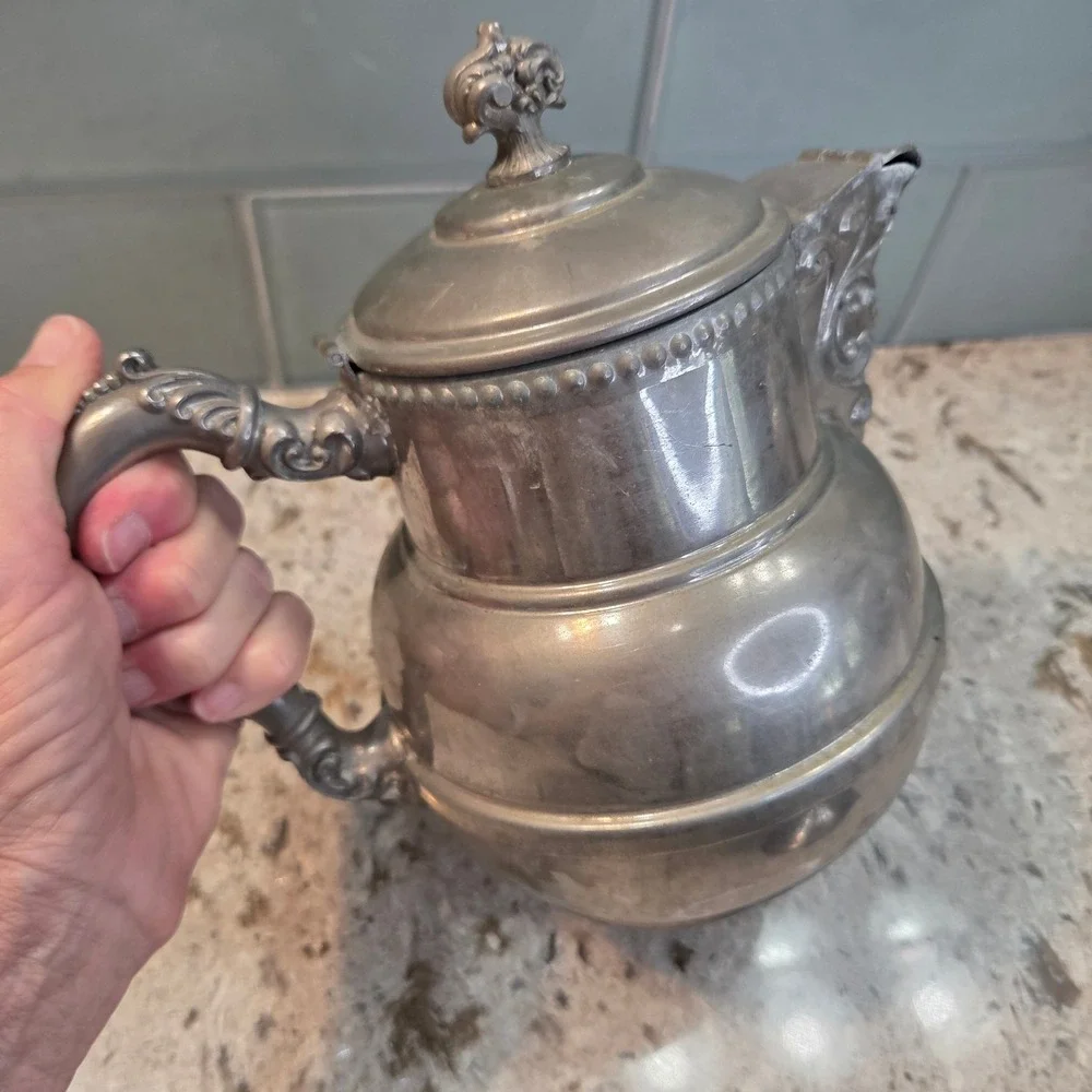 Vintage Victorian Style Silver Metal Teapot Ornate Scrollwork Hinged Lid 8.5in